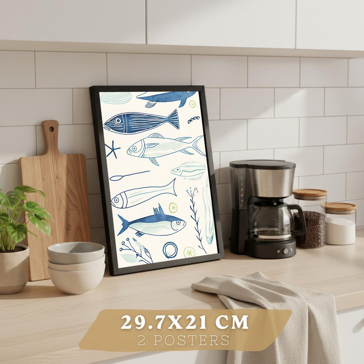 POSTER 2er Set Küchen-Wandbilder Fische Strichzeichnung und Martini Aquarell Minimalistisch Wanddeko Rahmenlos A4 - Schwarz, Papier (29.7/1/21cm) - Nacnic