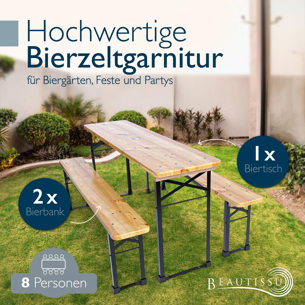 BIERZELTGARNITUR BT22 170x46cm (3tlg) - Naturfarben, Holz - Beautissu 