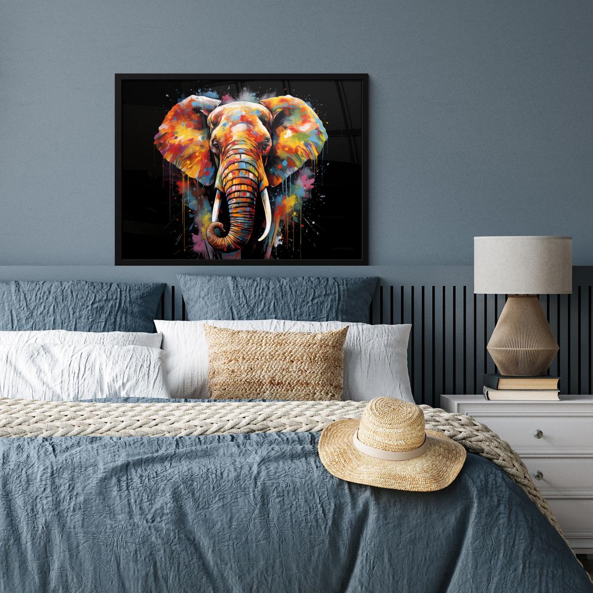 POSTER MIT RAHMENGERAHMTES BILD Elefant - Graffiti - Schwarz - Tiere - Farben 80x60 cm - Schwarz, Papier (80/60cm) - MuchoWow