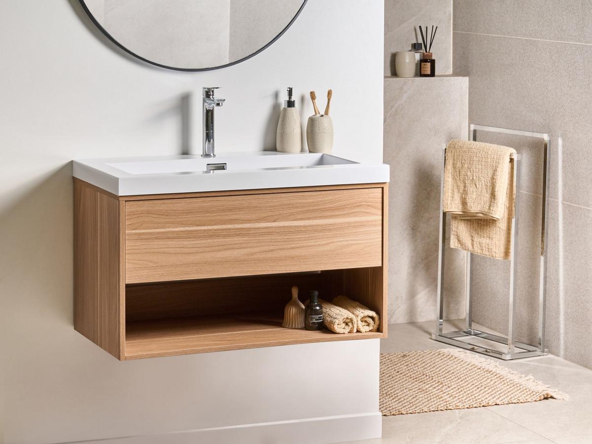 WASCHBECKENUNTERSCHRANK wandmontiertk mit Waschbecken Hellbraun Berbice - Hellbraun, Holzwerkstoff (80/45/92cm) - Beliani