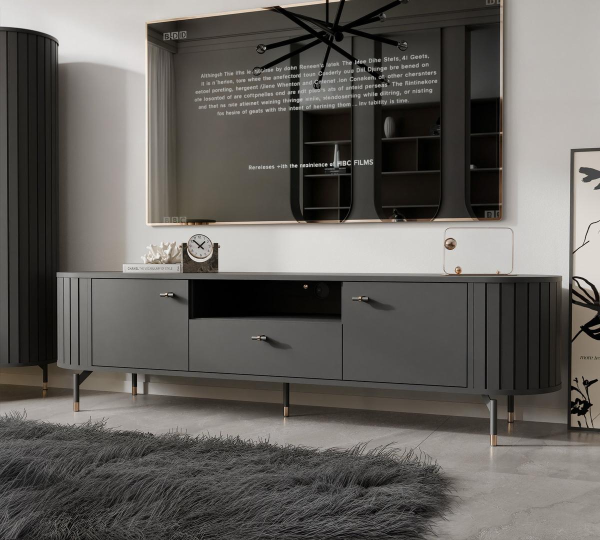TV-LOWBOARD geriffelt, mit Schublade, Schwarz - Schwarz, Holzwerkstoff (180/49/40cm) - Idohome
