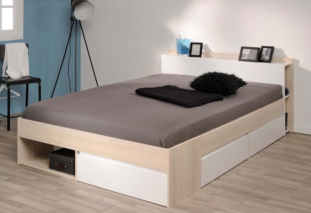 BETT mit Regal und 3 x Schubkasten Stauraumbett 160 x 200 cm - Weiß/Akaziefarben, Holz/Holzwerkstoff (160/200cm) - Parisot Meuble