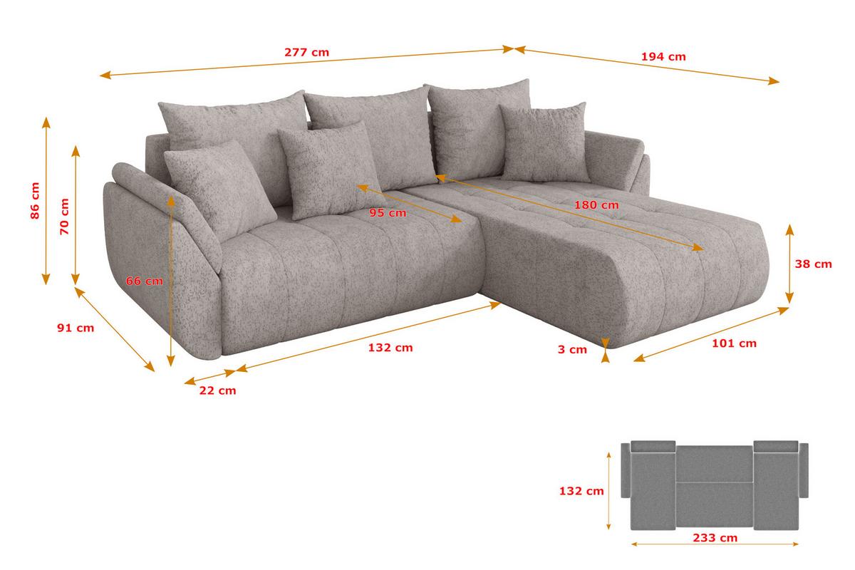 ECKSOFA mit Schlaffunktion Ottomane Rechts TOKO-L 277x194x86 Hellgrau Velours - Hellgrau/Schwarz, Holzwerkstoff/Kunststoff (277/194cm) - ALTDECOR