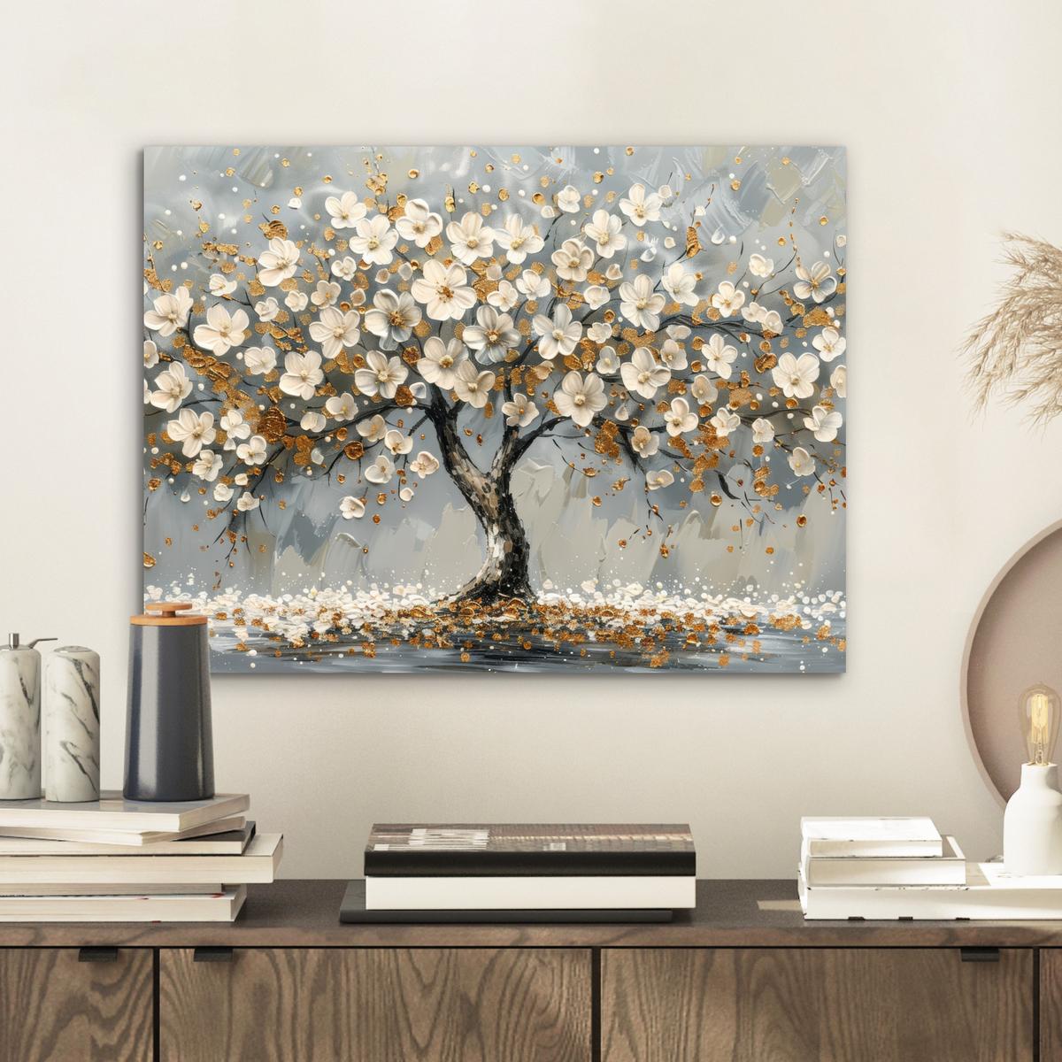 METALLBILD Baum - Blumen - Weiß - Natur - Kunst 40x30 cm - Weiß, Metall (40/30cm) - MuchoWow