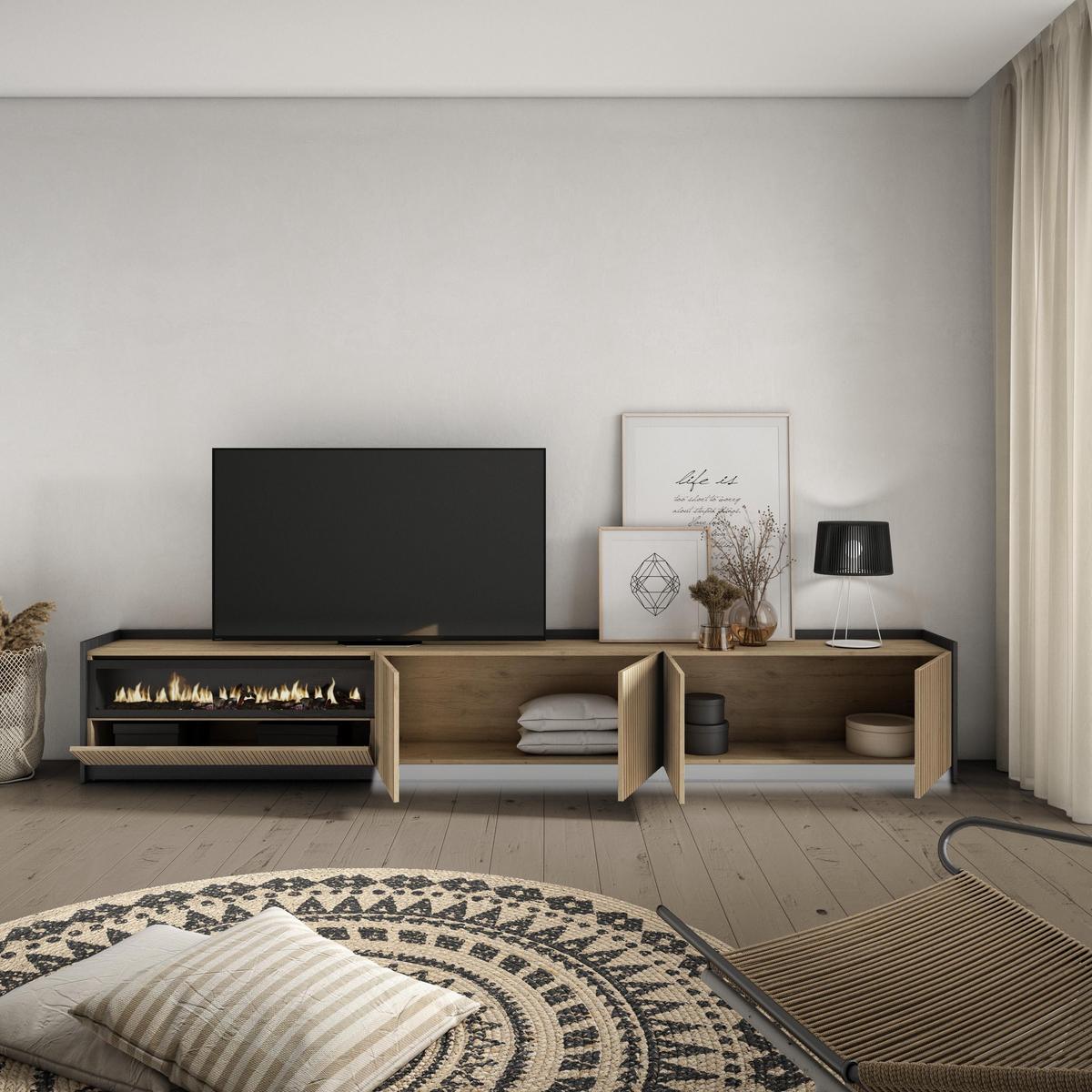 LOWBOARD, Eiche und Schwarz, 310/37/50cm, Elektrokamin, Led - Eichefarben, Holzwerkstoff (310/50/37cm) - Skraut Home