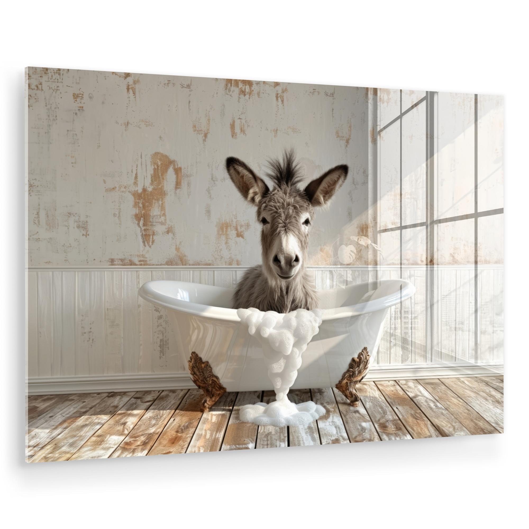 ACRYLGLASBILD Esel - Tiere - Badewanne - Schaumstoff Wanddeko 60x40 cm - Weiß, Glas (60/40cm) - MuchoWow