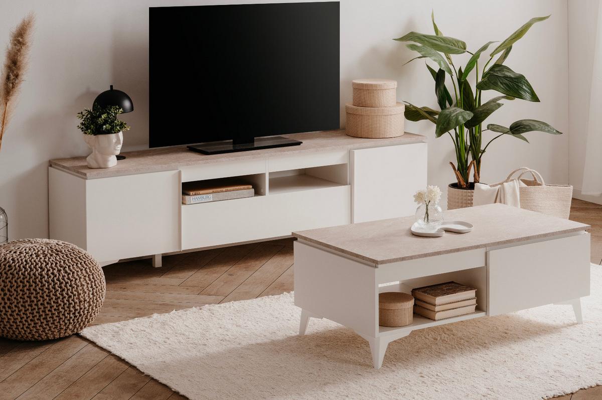 KOMMODE weiß mit Sandstein 88 x 92 cm, Anrichte 2-türig - Sandfarben/Weiß, Holzwerkstoff/Kunststoff (88/92/40cm) - Furn.Design