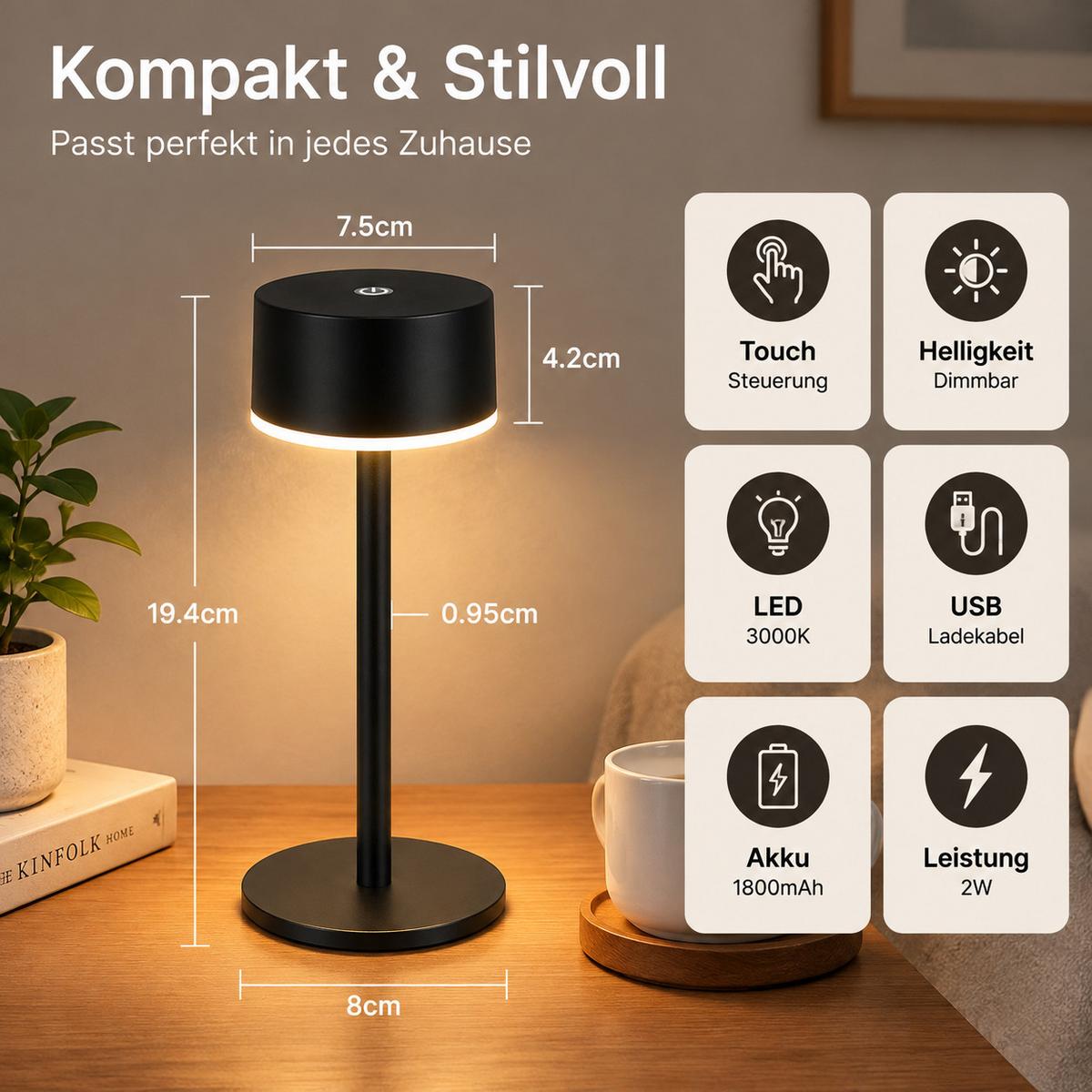 LED TISCHLAMPE Myvnal 7.5/7.5/19.4 CM - Schwarz, Kunststoff/Metall (7.5/7.5/19.4cm) - ZMH