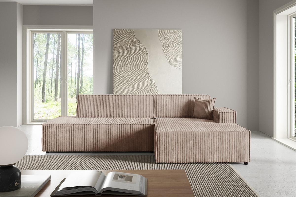 ECKSOFA TESSO L-S Braun Kordstoff mit Schlaffunktion - Braun, Holz (247/170cm) - MASSENO