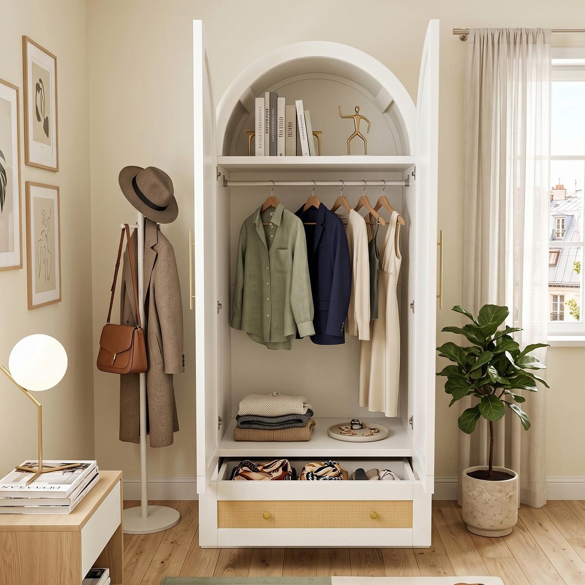 KLEIDERSCHRANK Doppeltüren Kunstrattan Weiß mit Schubladen - Weiß, Holzwerkstoff (70/170/55cm) - Urban Meuble