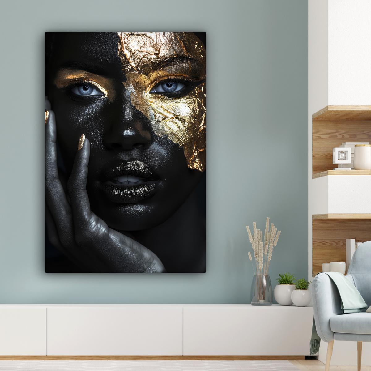 LEINWANDBILD Frau - Gold - Porträt - Schwarz-Weiß - Luxus Deko Groß 90x140 cm - Hellblau, Textil (90/140cm) - MuchoWow