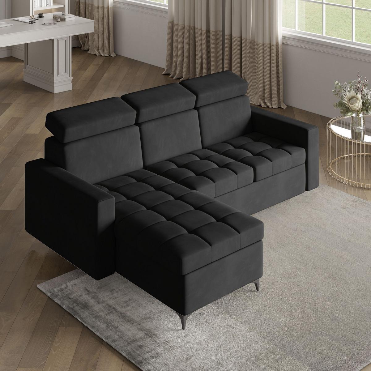 ECKSOFA KAME Schwarz Plüsch-Stoff mit Schlaffunktion - Schwarz, Holz/Textil (227/168cm) - MASSENO