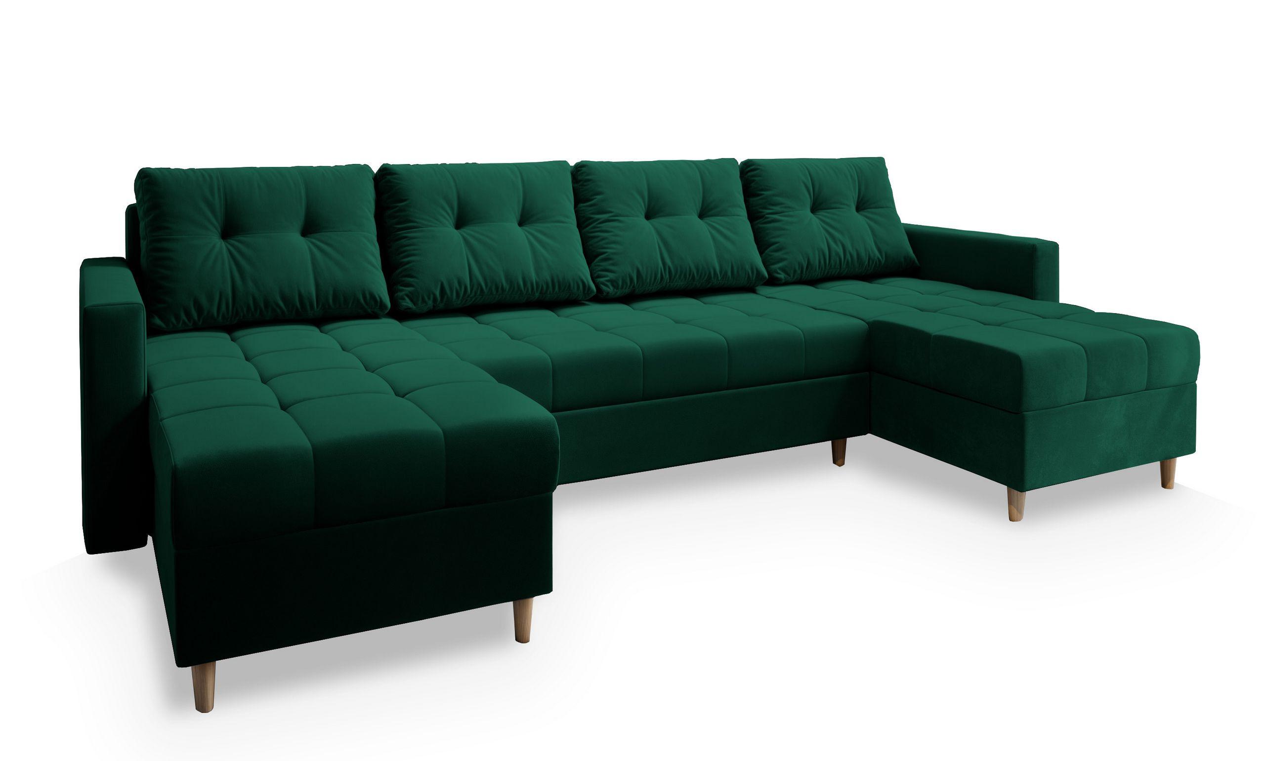 WOHNLANDSCHAFT MILO U Grün Plüsch-Stoff mit Schlaffunktion - Braun/Grün, Holz/Textil (285/91/140cm) - MASSENO