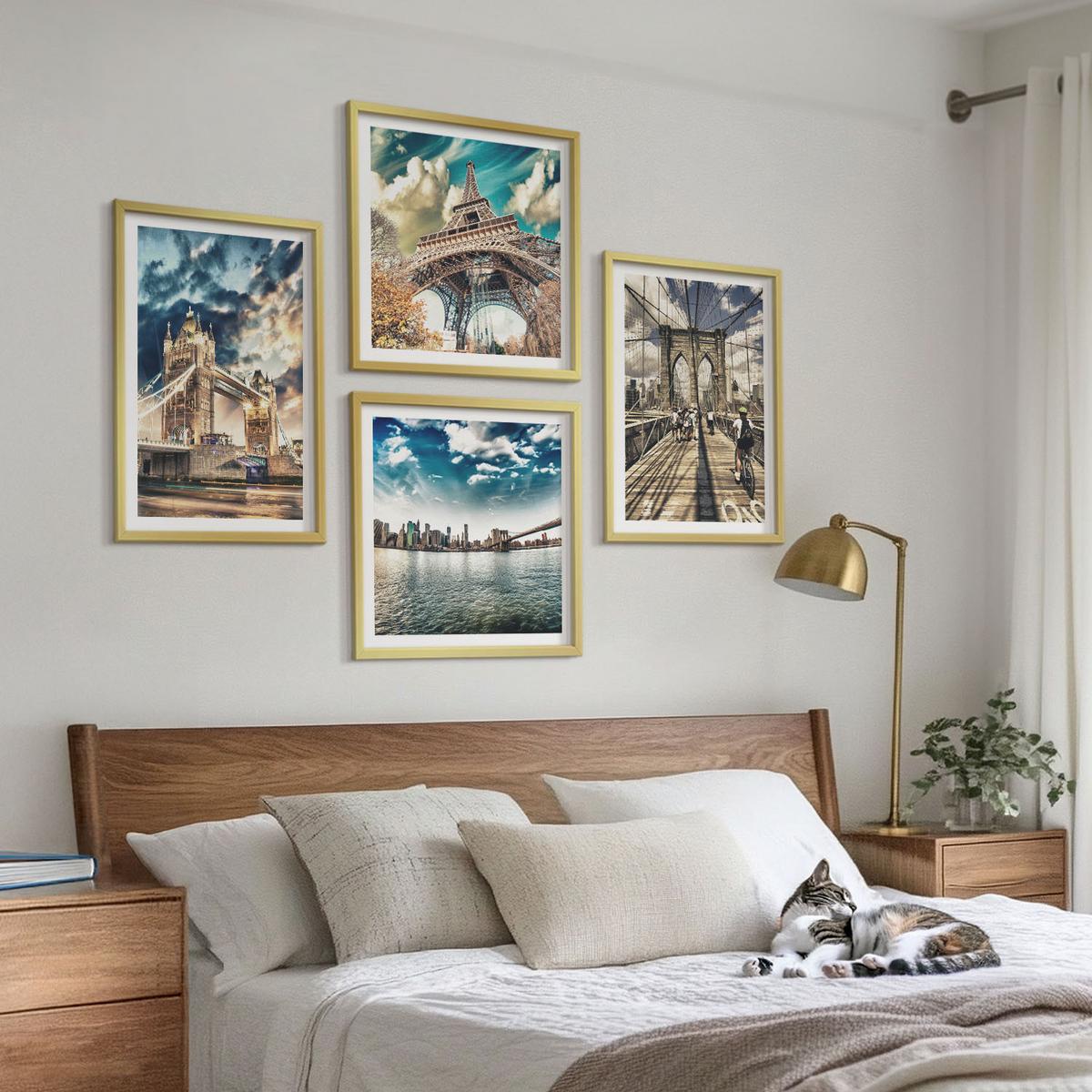 BILDER SET 4er Set - 50x50 cm & 40x60 cm Goldrahmen - Turmbrücken in europäischen Städten - Goldfarben, Kunststoff (50/50cm) - TULUP
