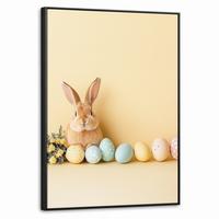 LEINWAND Bilder mit Rahmen - Eier - Kaninchen - Pastellfarbtöne - 70x100 - Hellgelb, Textil (70/100cm) - MuchoWow
