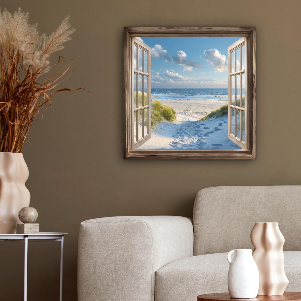 LEINWANDBILD Aussicht - Strand - Fenster - Dünen - Meer Wandbild Wohnzimmer 50x50 cm - Hellblau, Textil (50/50cm) - MuchoWow