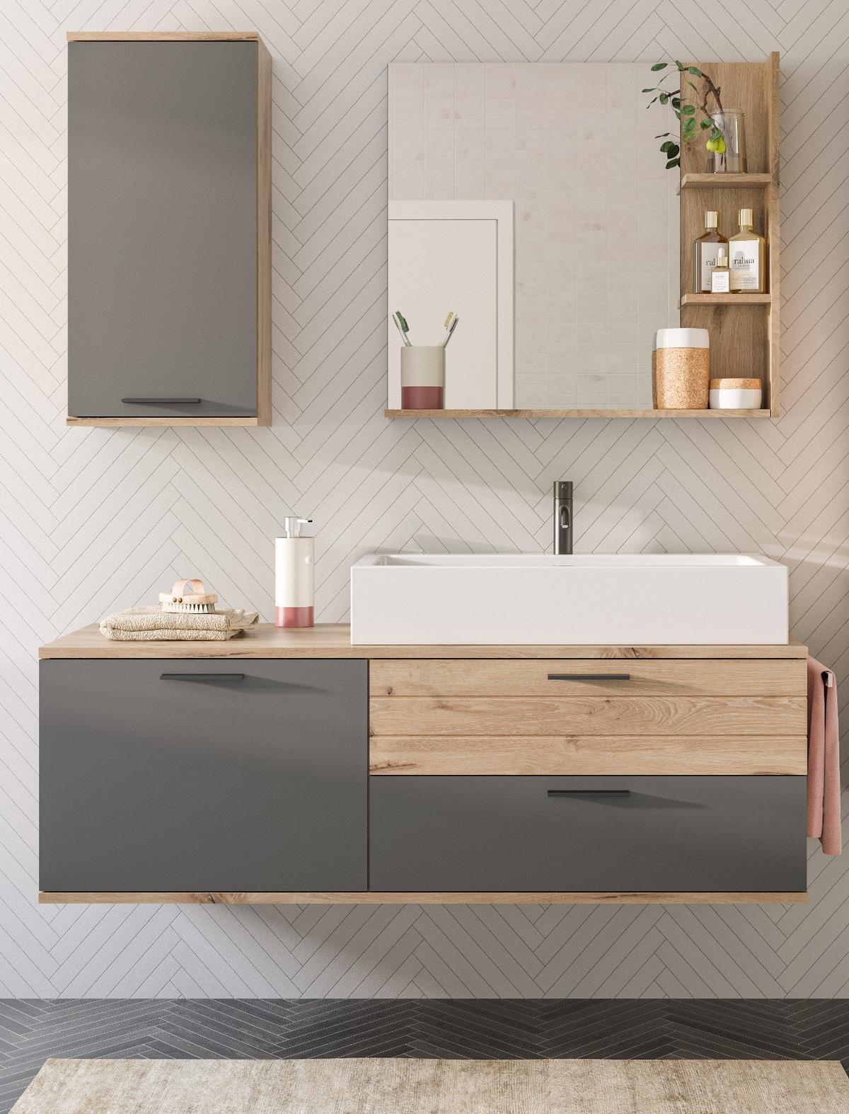 HÄNGESCHRANK Eiche grau 37 x 77 cm, Badschrank mit Soft-Close, Badezimmermöbel - Eichefarben/Schwarz, Holzwerkstoff/Kunststoff (37/77/24cm) - Inn.Furn
