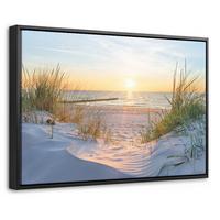 LEINWAND Bilder mit Rahmen - Strand - Sonne - Düne - Gras - Sand - Horizont - 60x40 - Hellblau, Textil (60/40cm) - MuchoWow