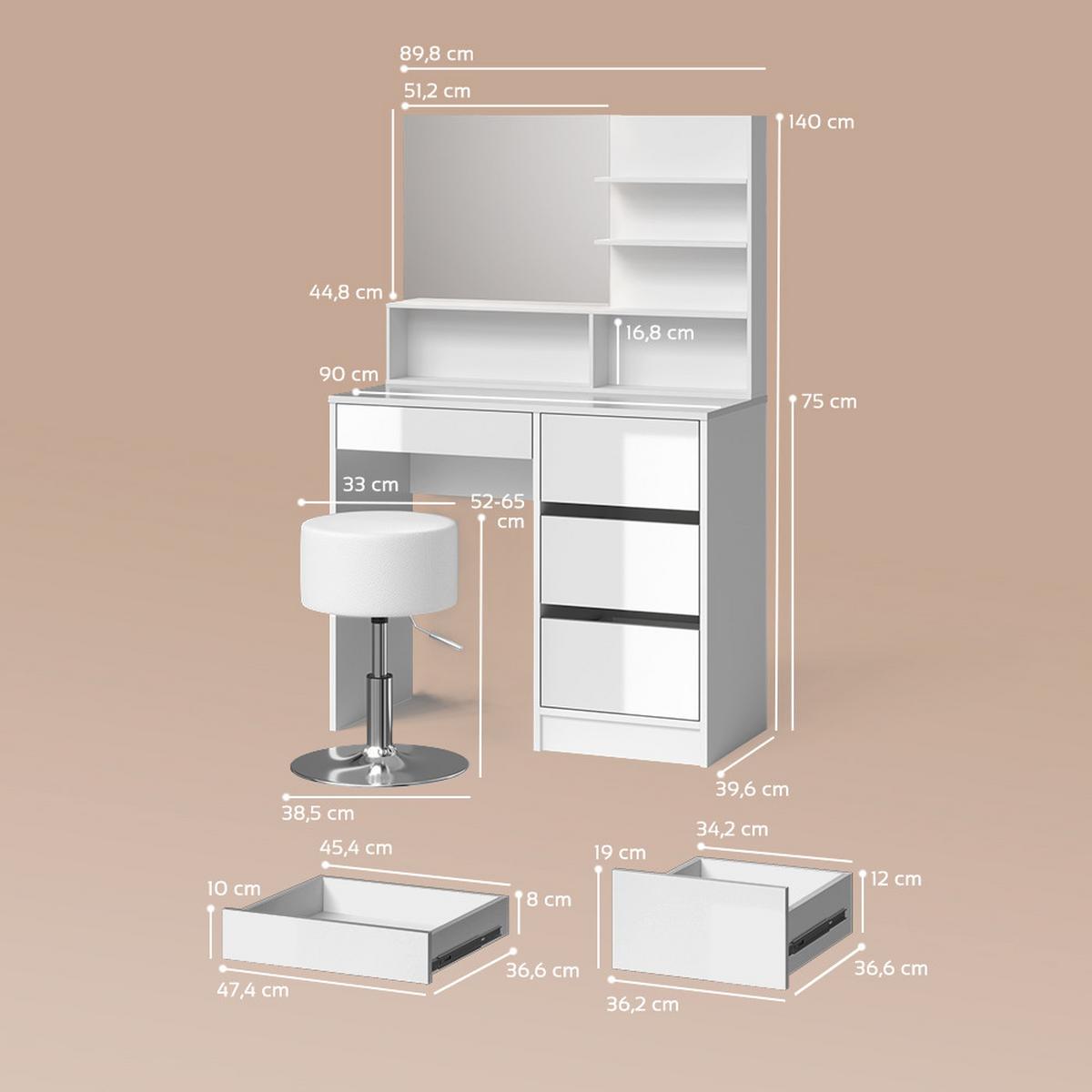 SCHMINKTISCH Imola Weiß 90 cm mit Hocker - Weiß, Holzwerkstoff (90/75/40cm) - Livinity®