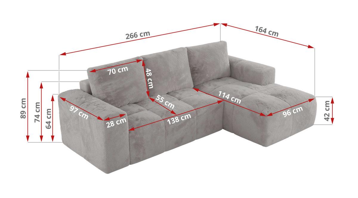 ECKSOFA MONIVA Hellgrau Plüsch - Rechts - Hellgrau/Schwarz, Textil (266/164cm) - MKS