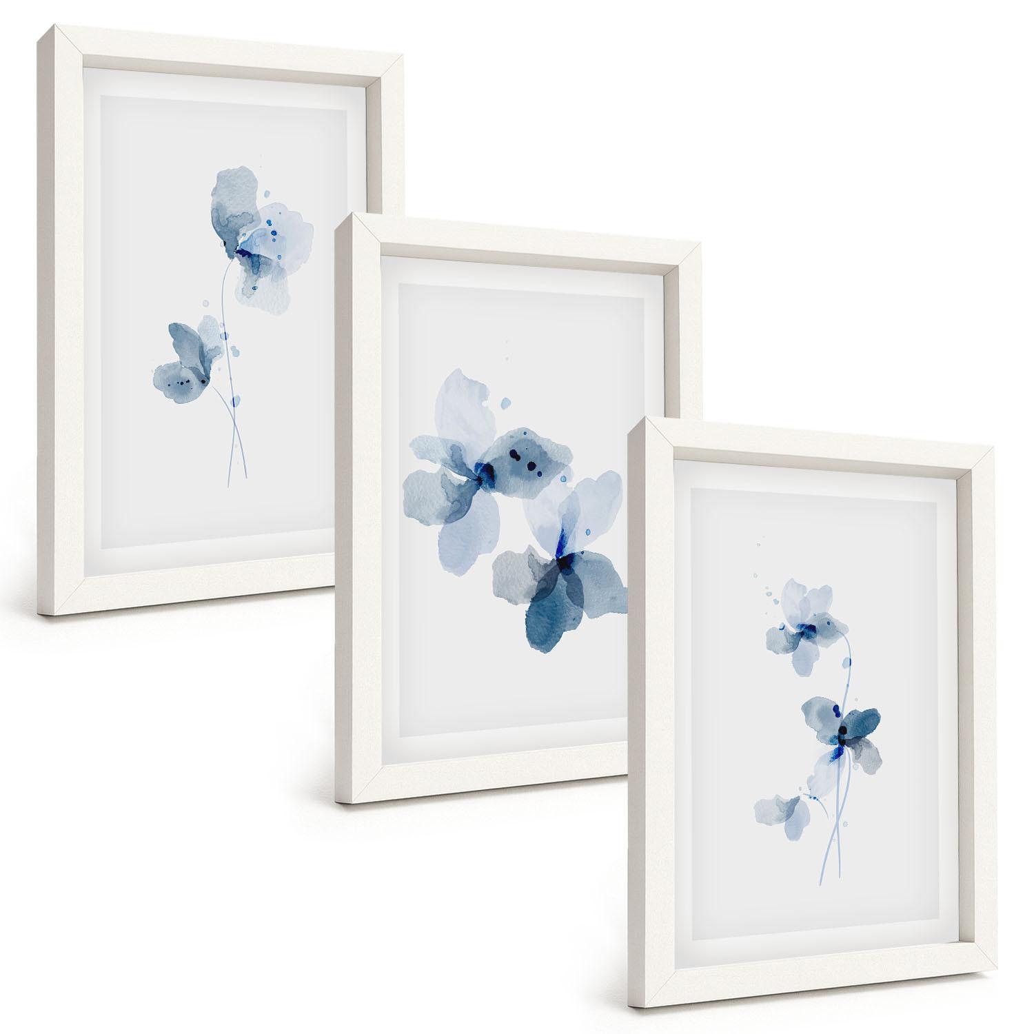 BILDER SET 3er Set - 20x30 cm Weißer Rahmen - Blaue Blumen - Weiß, Kunststoff (20/30cm) - TULUP