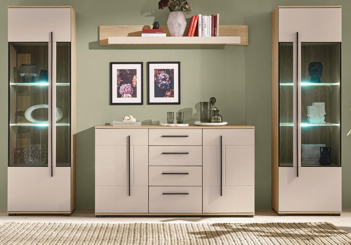 WOHNWAND Kaschmir, Eiche 4-teilig 290, Schrankwand in modernem Design - Kaschmir/Eichefarben, Glas/Holzwerkstoff (290/200/42cm) - Furn.Design