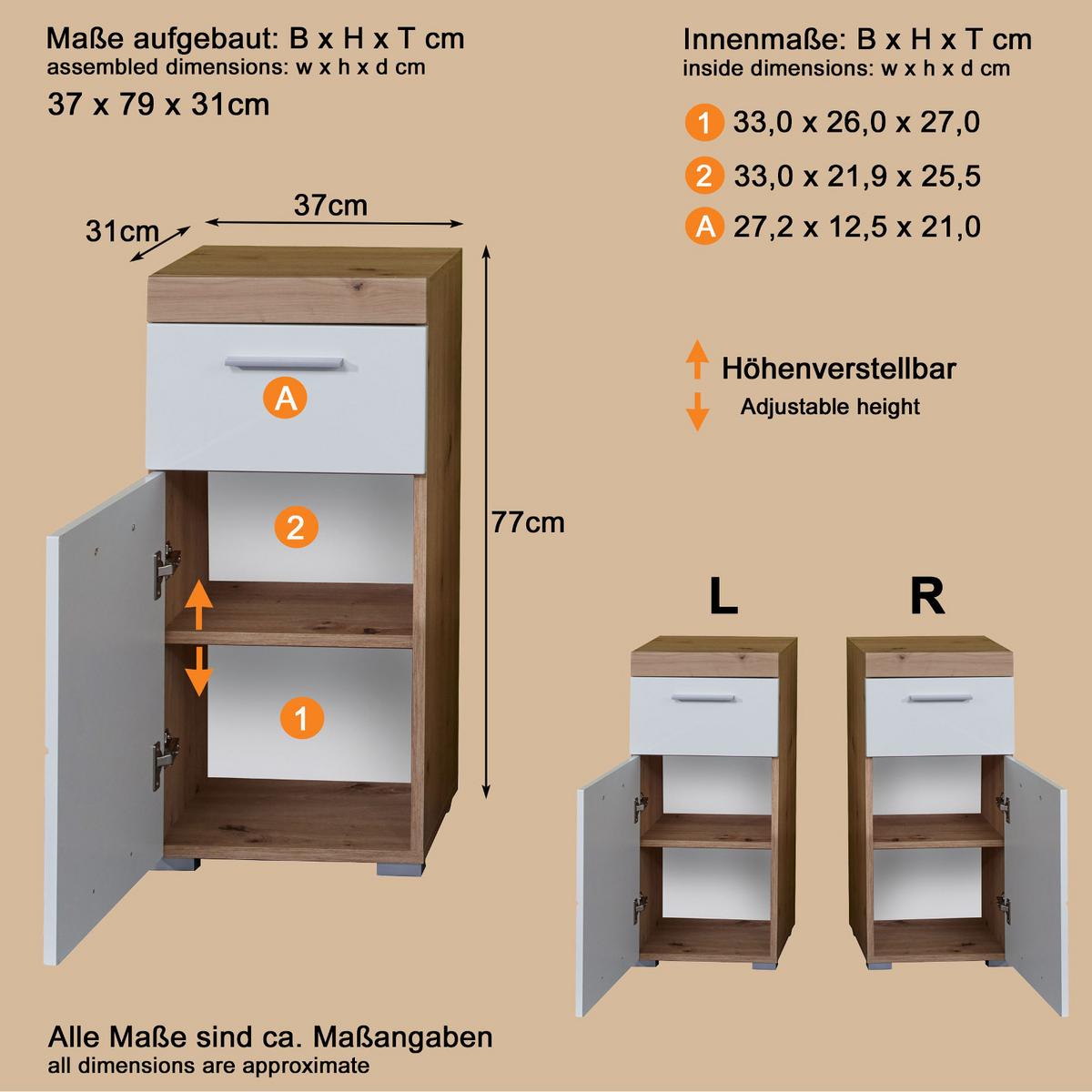 BADSCHRANK weiß Hochglanz, Asteiche 37 x 79 cm, Badezimmer Kommode modern - Eichefarben/Weiß, Holzwerkstoff/Kunststoff (37/79/31cm) - Top.Furn