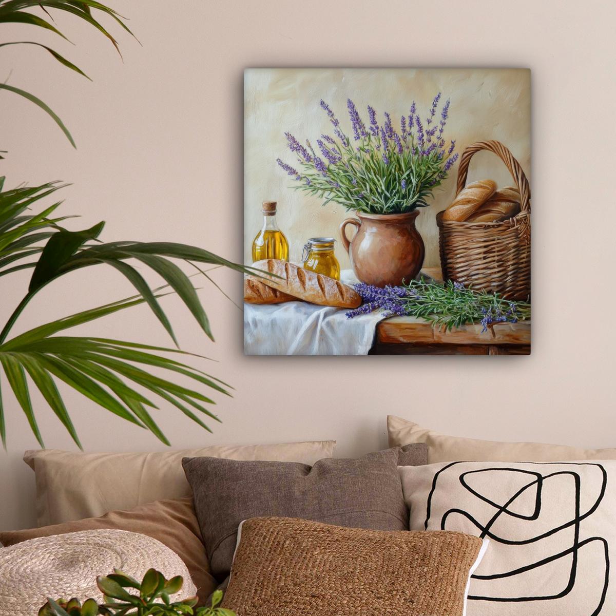 LEINWANDBILD Lavendel - Brot - Stilleben Wandbild Wohnzimmer 50x50 cm - Flieder, Textil (50/50cm) - MuchoWow