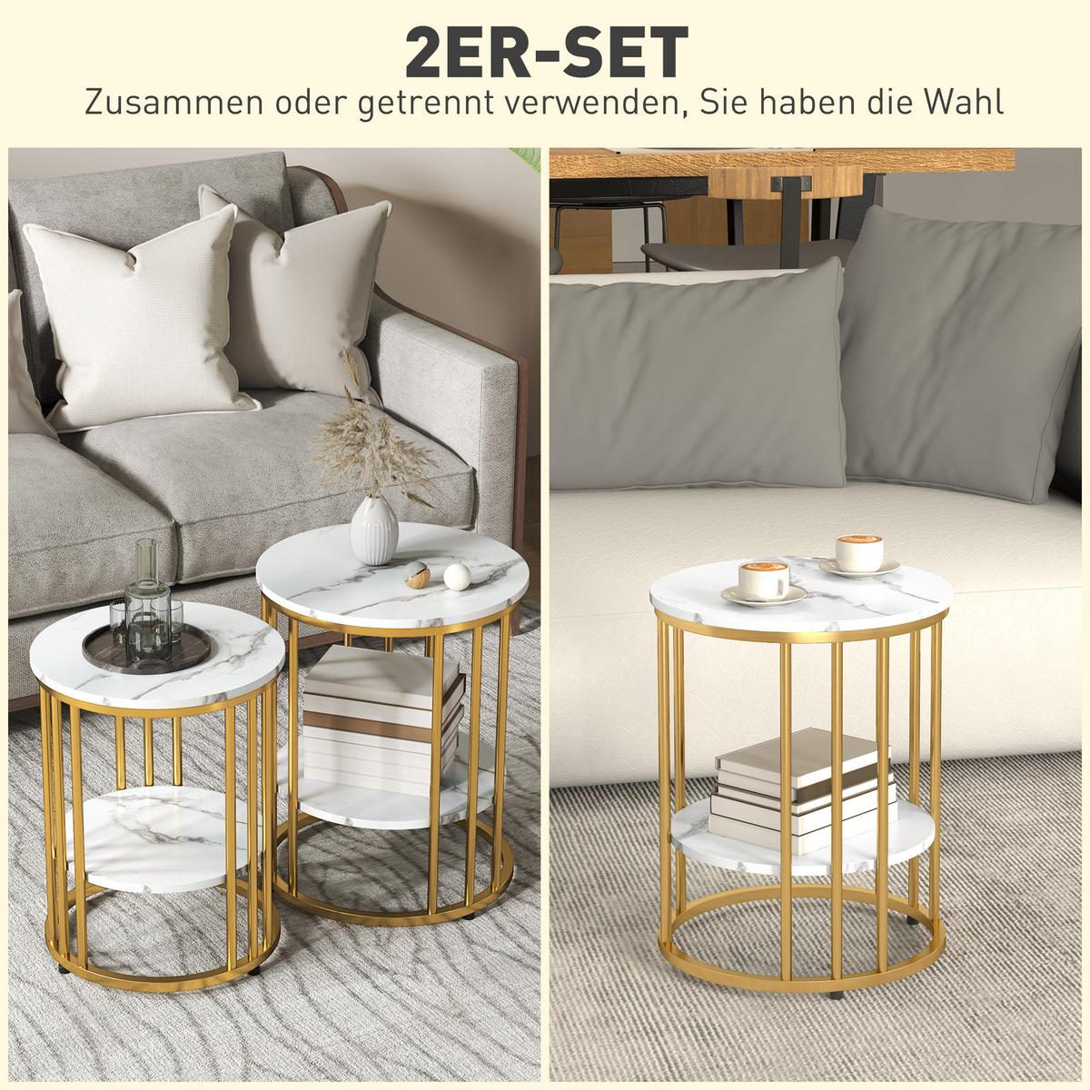 COUCHTISCH rund 2er Set Beistelltisch mit Ablage, Stahlrahmen, Marmoroptik Weiß - Weiß, Holzwerkstoff (45/45/55cm) - HOMCOM