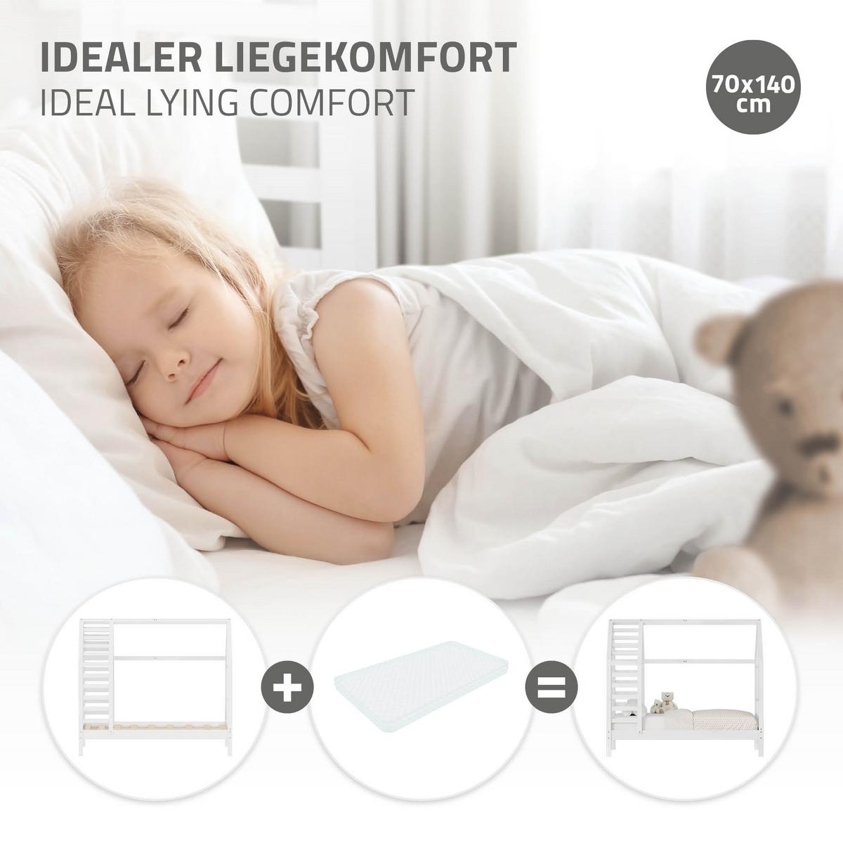 KINDERBETT 70x140 cm mit Lattenrost Dach und Fenster Hausbett aus massivem Kiefernholz Weiß - Weiß, Holz (70/140cm) - ML-DESIGN