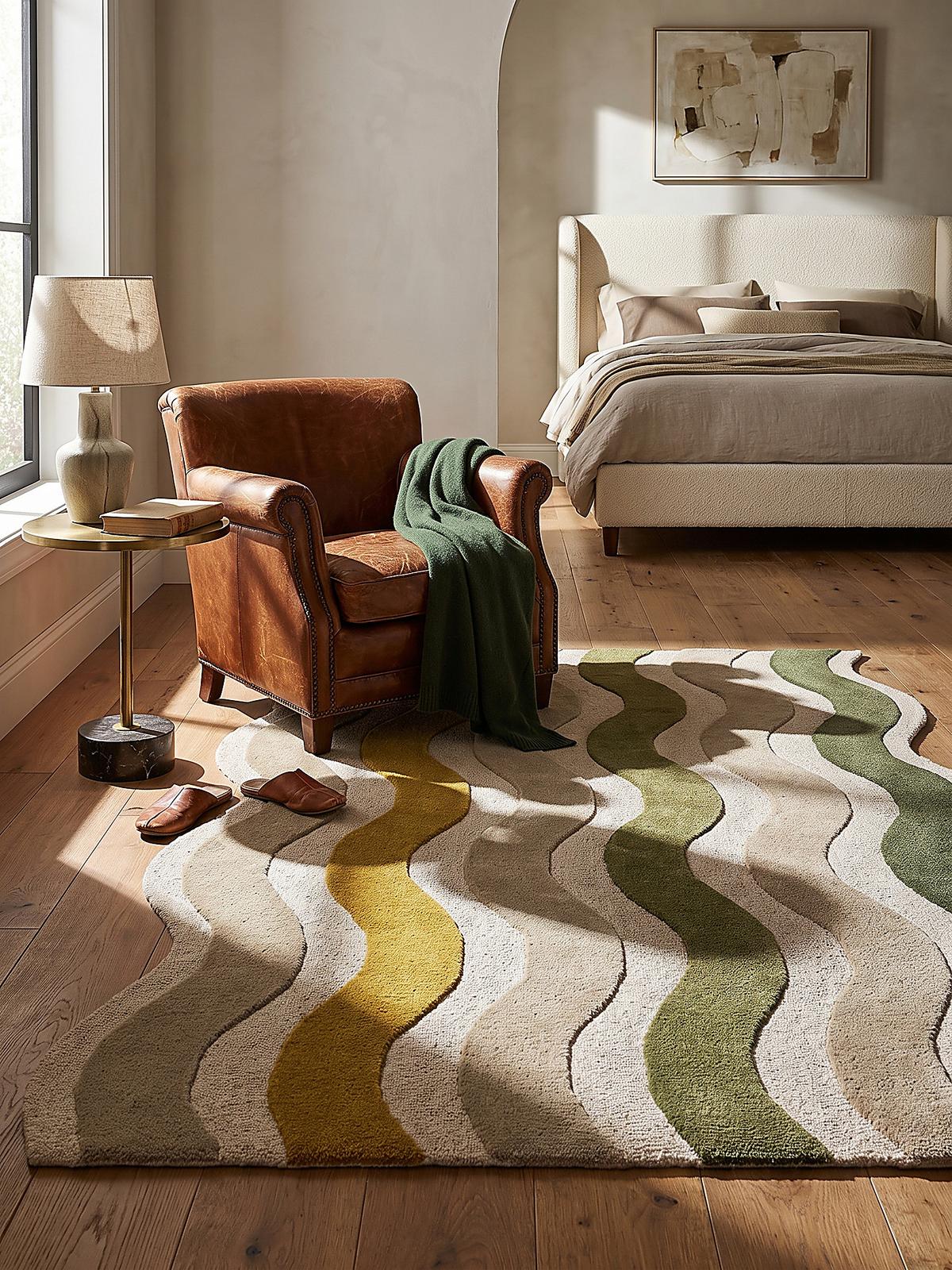 WOLLTEPPICH handgetuftet MONNOW, Wellenstreifen, Erdtöne-Grün, 140 x 200 cm - Grün, Textil (140/200cm) - KADIMA DESIGN