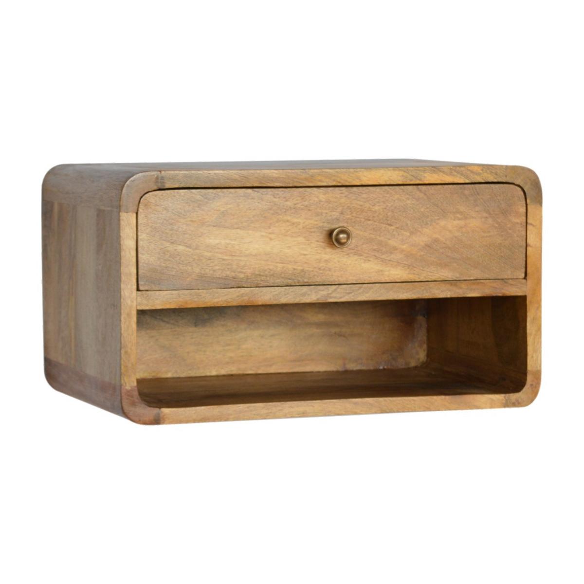 NACHTTISCH aus Massivholz, Wandmontiert, 1 Schublade, 1 offenes Regal, Beige - Eichefarben/Messingfarben, Holz/Metall (45/25/32cm) - Artisan Furniture