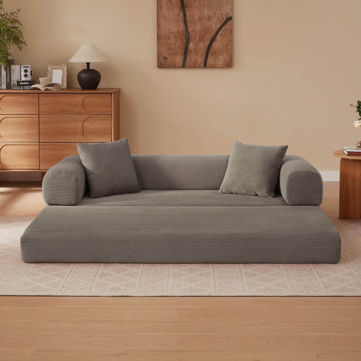 SCHLAFSOFA aus Cord in Taupe – 2-in-1 Bodensofa & Gästebett ohne Montage - Taupe, Textil (89/59/195cm) - Urban Meuble