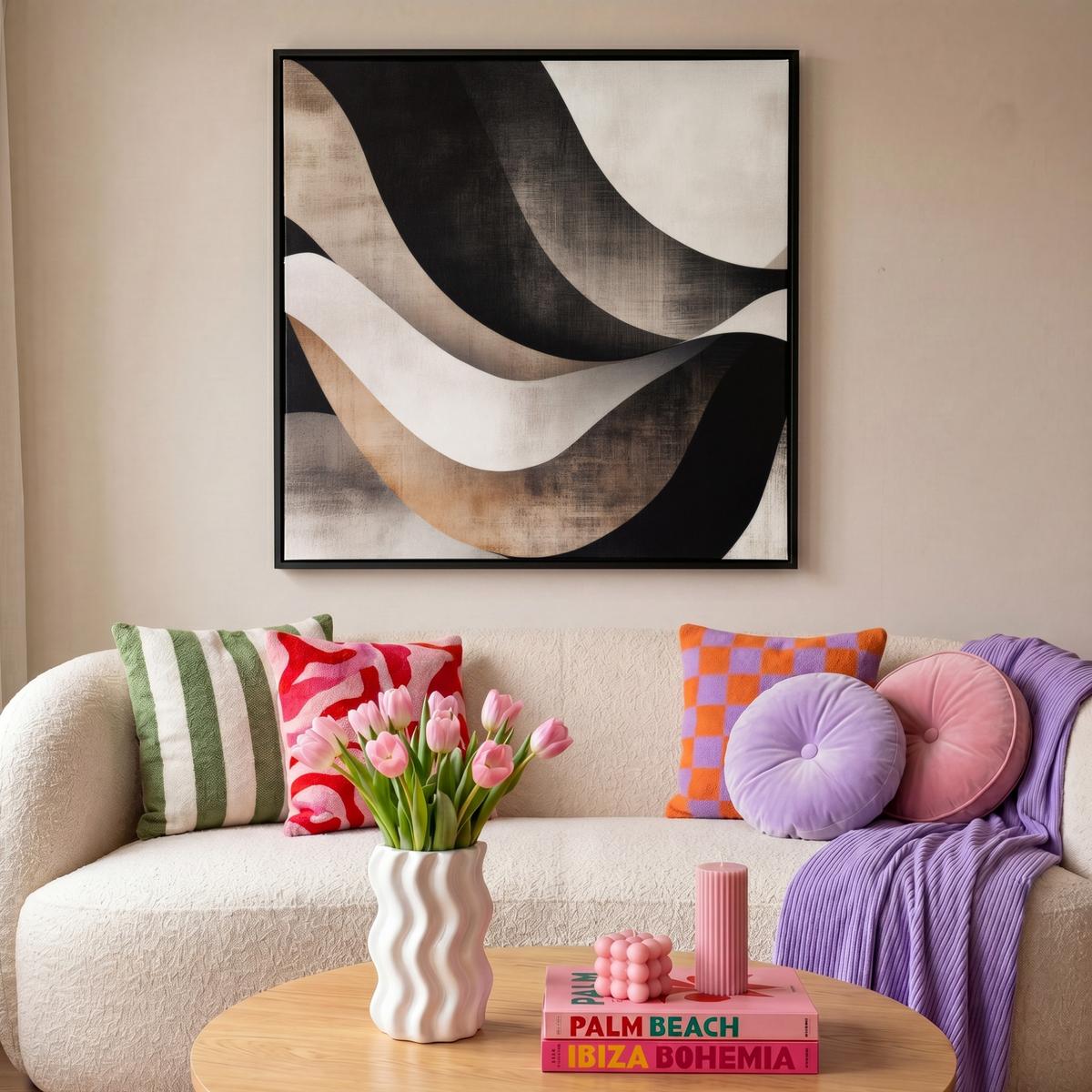 LEINWAND Bilder mit Rahmen - Abstrakt - Wellen - Schwarz - Verwittert - 90x90 - Trüffeleichefarben, Textil (90/90cm) - MuchoWow