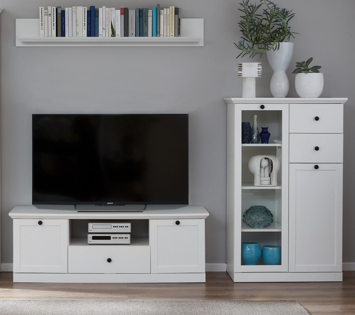 WOHNWAND 3-teilig in weiß Landhaus, Schrankwand 273 x 196 cm - Silberfarben/Weiß, Glas/Holzwerkstoff (273/180/41cm) - Top.Furn