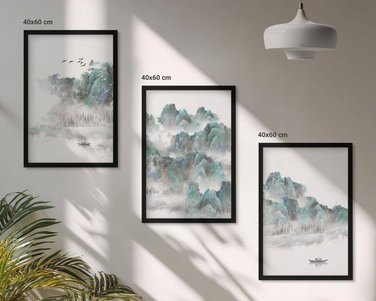 BILDER SET 3er Set - 40x60 cm Schwarzer Rahmen - Berge, Wolken, Vögel, Boot, Japandi - Schwarz, Kunststoff (40/60cm) - TULUP