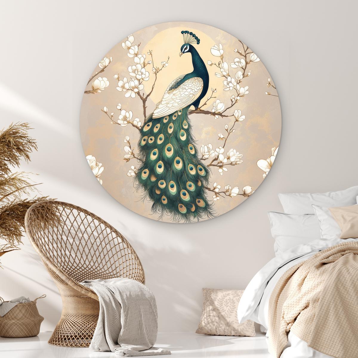 WANDBILD Pfau - Zweig - Blumen Wandbild 120x120 cm - Champagner, Kunststoff (120/120cm) - MuchoWow