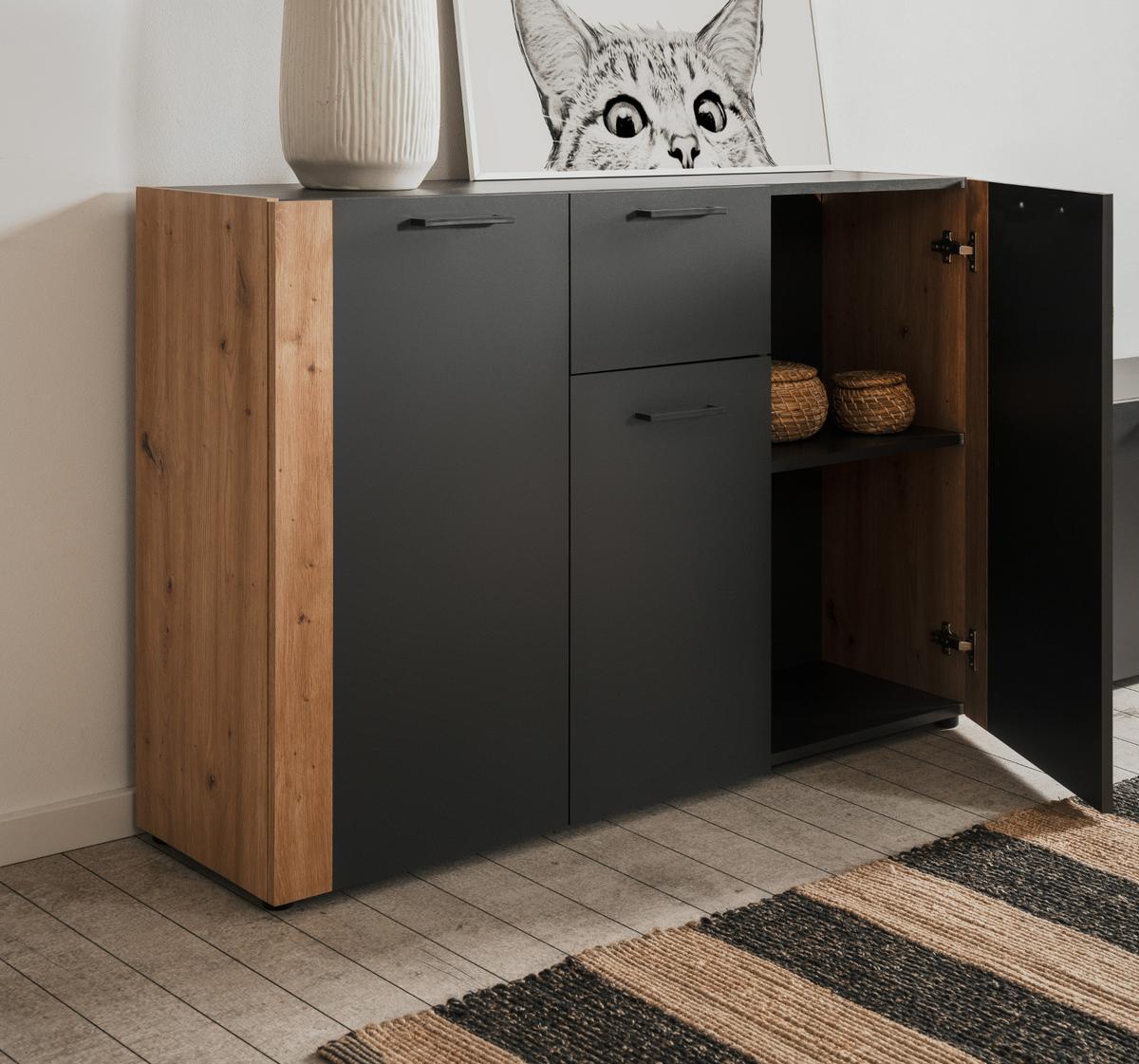 SIDEBOARD grau, Artisan Eiche 126 x 85 cm, Kommode 3-türig - Anthrazit/Schwarz, Holzwerkstoff/Kunststoff (125.5/85/34.5cm) - Furn.Design