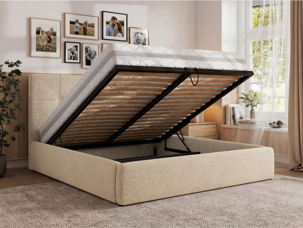 POLSTERBETT CALERIO CLASSIC 180/200 - Creme Stukture - Matratze Multipocket - Creme/Schwarz, Kunststoff/Textil (180/200cm) - MKS