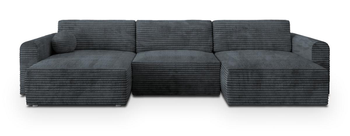 WOHNLANDSCHAFT FENTO Grau Kordstoff mit Schlaffunktion - Grau, Holz (347/90/148cm) - MASSENO
