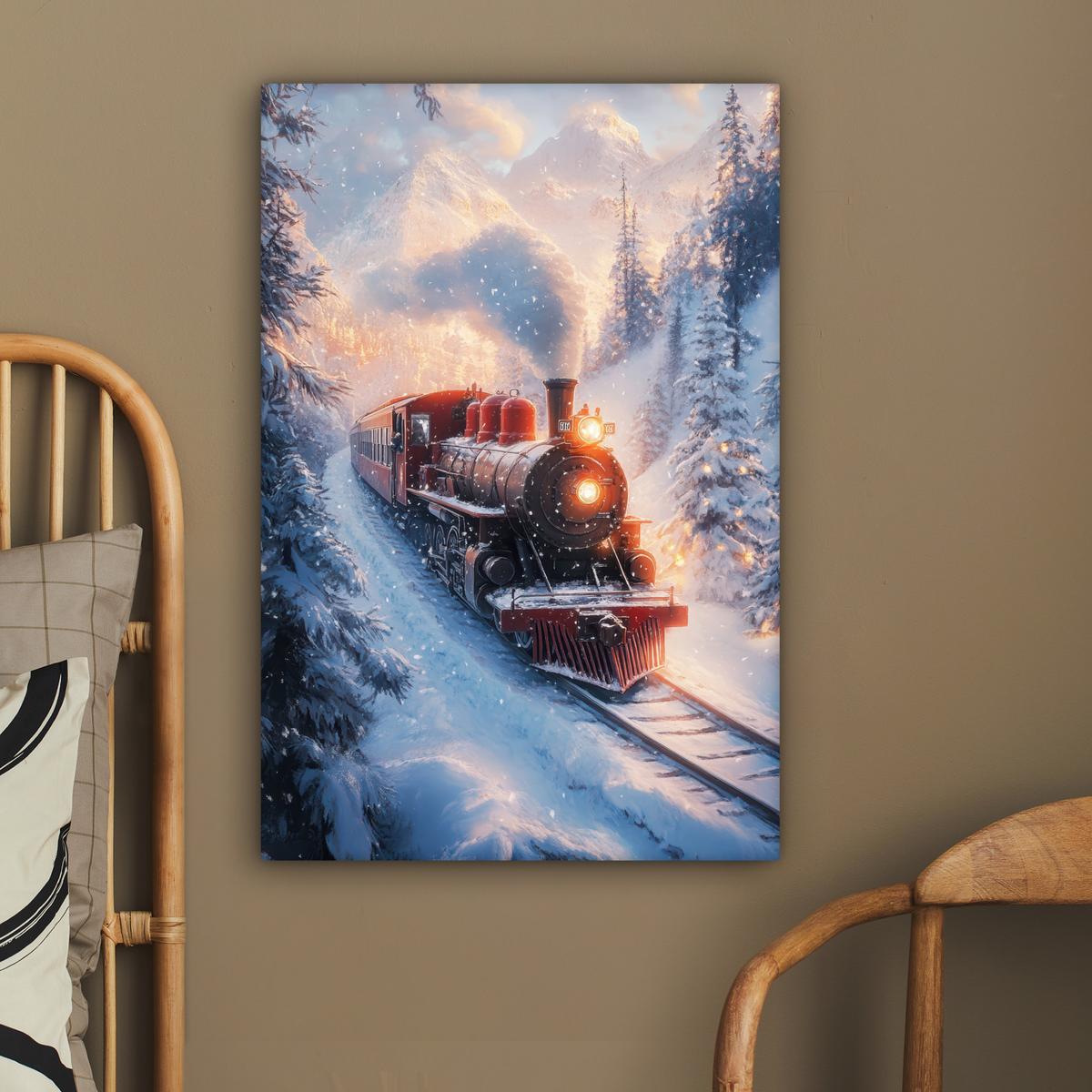 LEINWANDBILD Weihnachtszug - Schnee - Winter - Weihnachten Wanddeko 40x60 cm - Dunkelrot, Textil (40/60cm) - MuchoWow