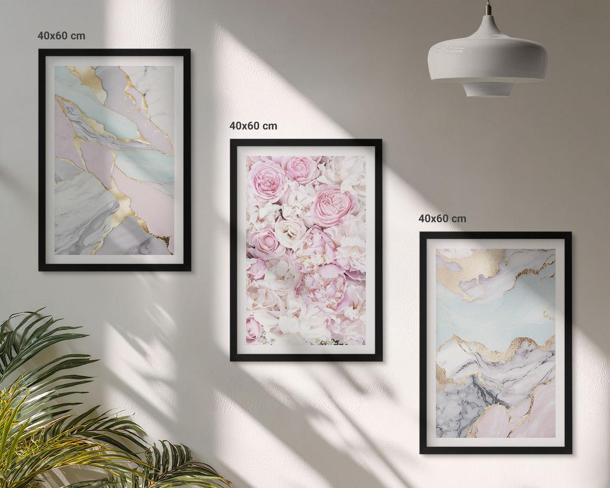 BILDER SET 3er Set - 40x60 cm Schwarzer Rahmen - Rosa Blumen Marmor Pastell - Schwarz, Kunststoff (40/60cm) - TULUP