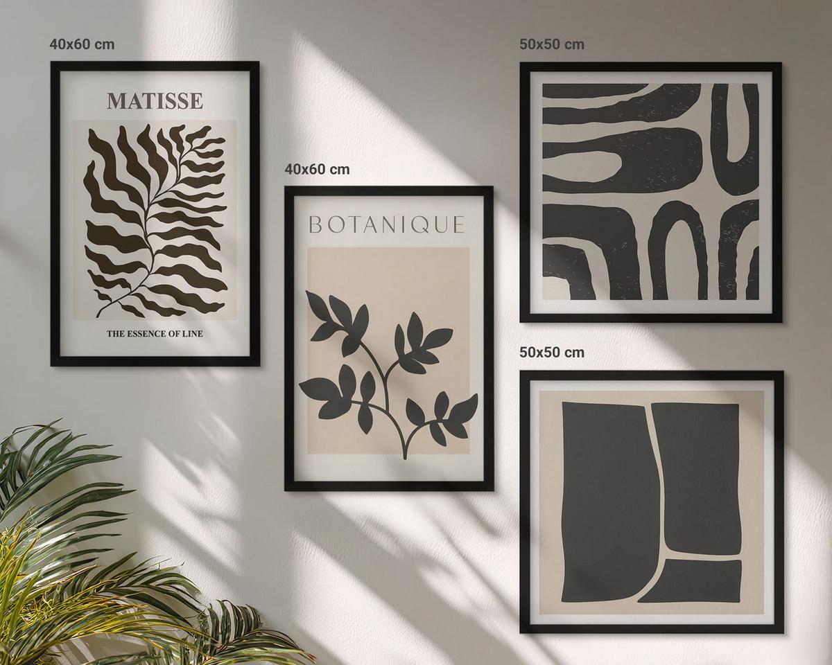 BILDER SET 4er Set - 50x50 cm & 40x60 cm Schwarzer Rahmen - Minimalistische Pflanzenposter - Schwarz, Kunststoff (50/50cm) - TULUP