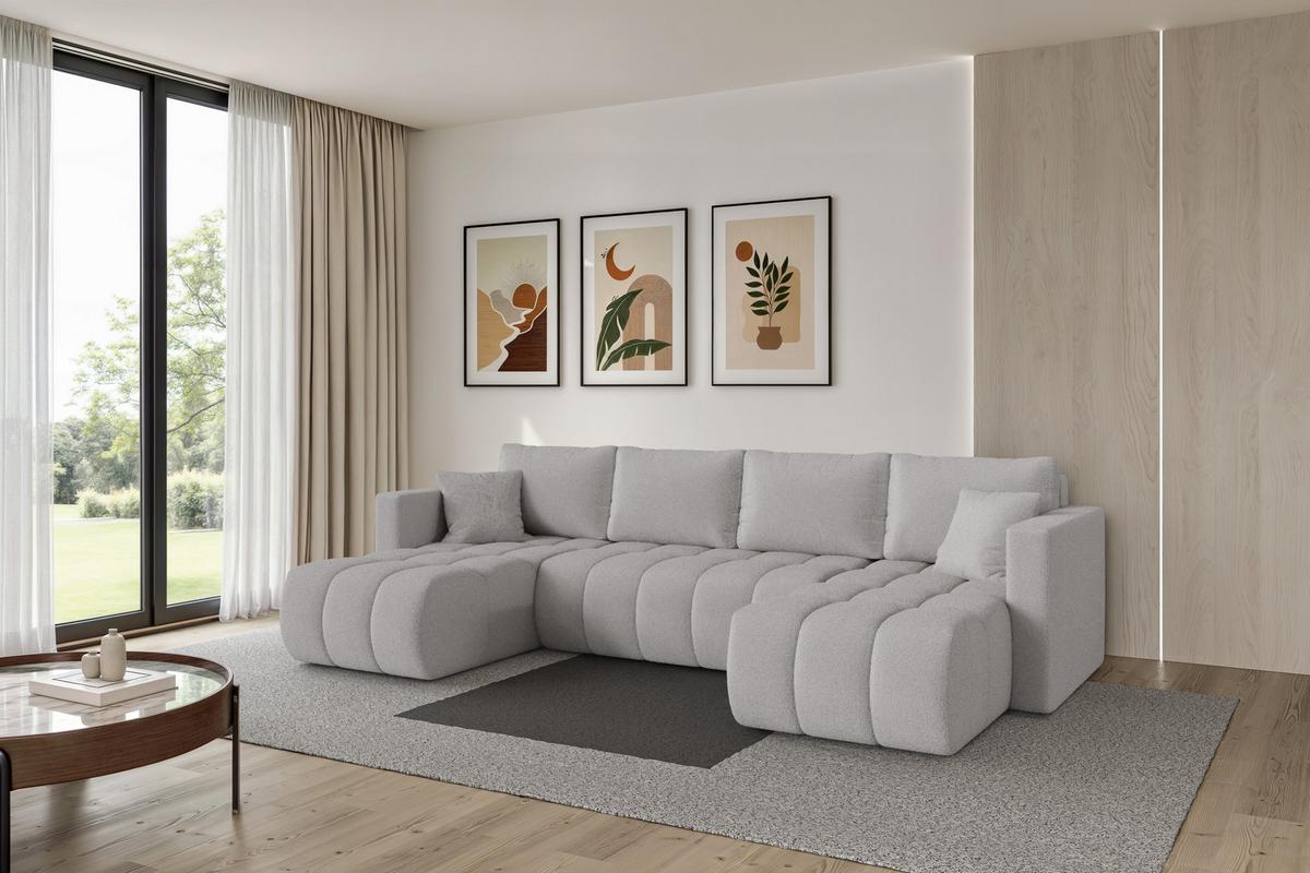 WOHNLANDSCHAFT mit Schlaffunktion und Bettkasten GARD-U 300x146x85 Hellgrau Bouclé - Silberfarben/Hellgrau, Holzwerkstoff/Kunststoff (300/85/146cm) - ALTDECOR