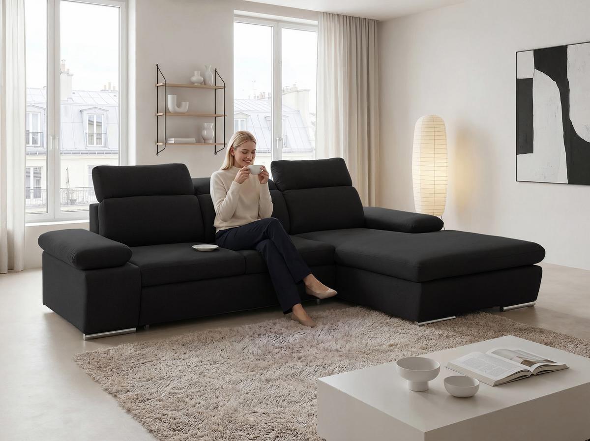 ECKSOFA PABLO mit Schlaffunktion und Bettkasten Schwarz - Schwarz, Holzwerkstoff/Kunststoff (250/90cm) - Idohome