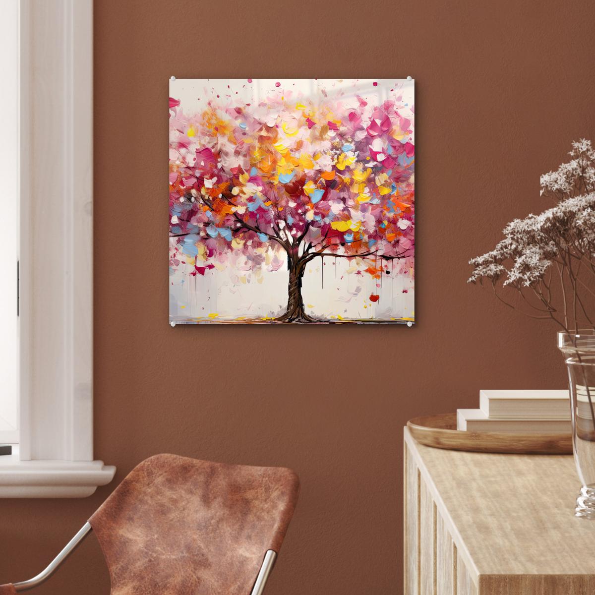 ACRYLGLASBILD Aquarell - Baum - Kunst - Abstrakt 50x50 cm - Multicolor, Glas (50/50cm) - MuchoWow