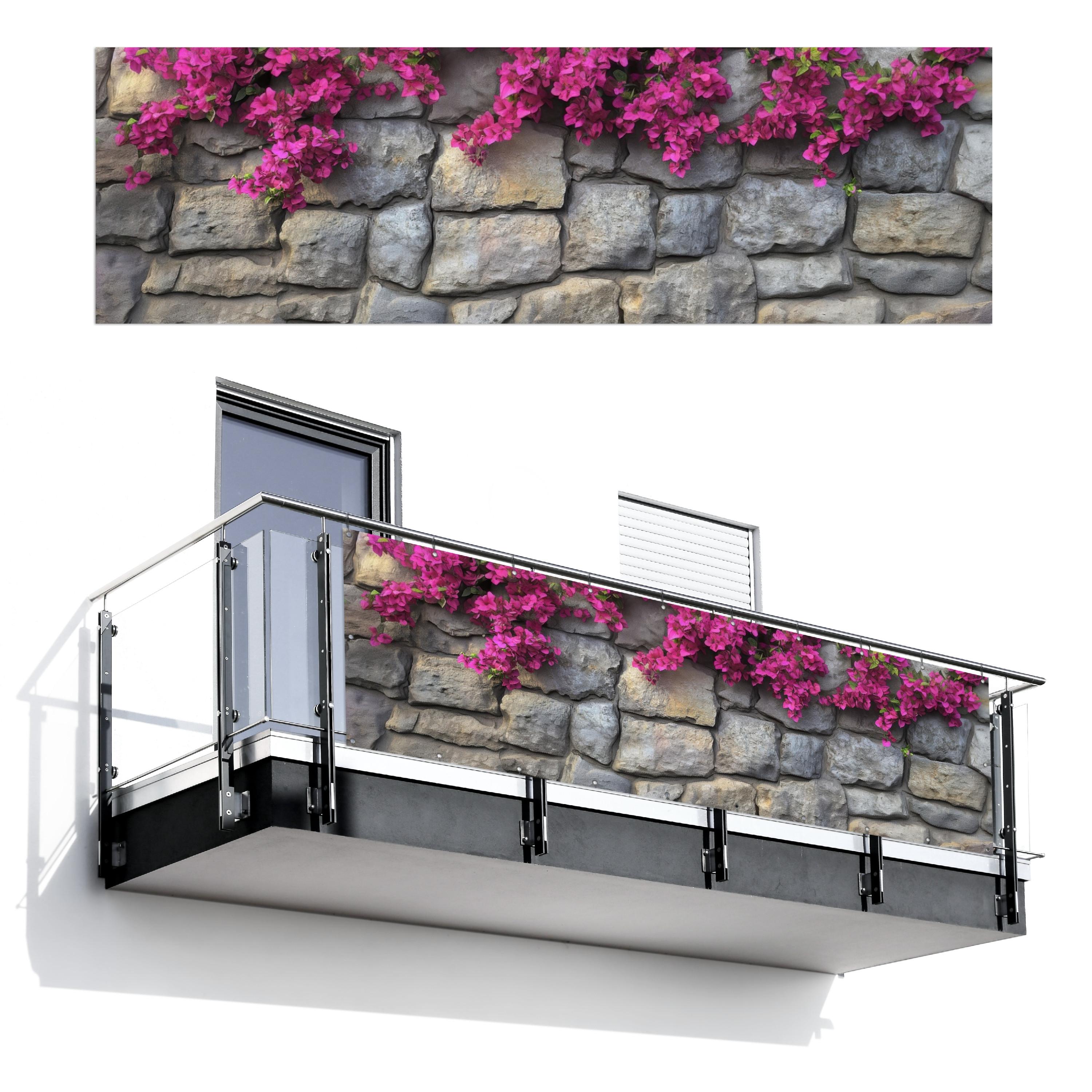 BALKON-SICHTSCHUTZ Bougainvillea - Steinmauer - Rosa Windschutz 300x90 cm - Magenta, Kunststoff (300/90cm) - MuchoWow