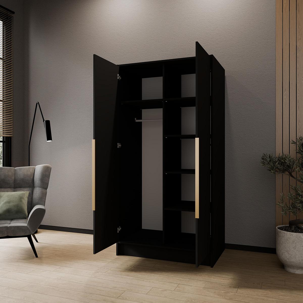 KLEIDERSCHRANK Mono Lux mit Speigel, Drehtüren mit Goldene Metallgriffe, Schwarz 102/200/51 cm - Schwarz, Holzwerkstoff (102/200/51cm) - WFL GROUP