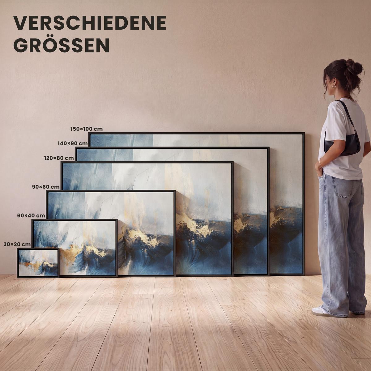 LEINWAND Bilder mit Rahmen - Gold - Blau - Aquarell - Kunst - Modern - 60x40 - Hellblau, Textil (60/40cm) - MuchoWow