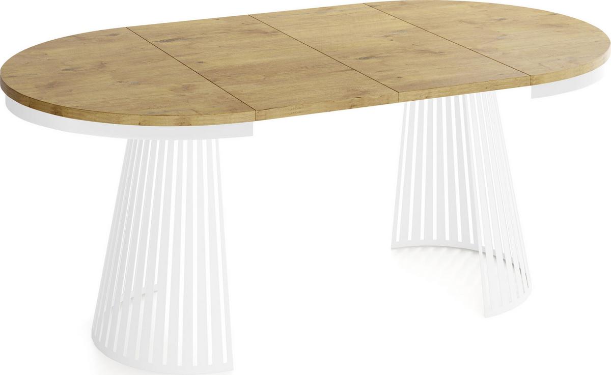 ESSTISCH Naro rund ausziehbar mit Weißem Lamellen-Metallgestell, Braun 120-200/120/76 cm - Eichefarben/Weiß, Holzwerkstoff/Metall (120/196/76cm) - WFL GROUP
